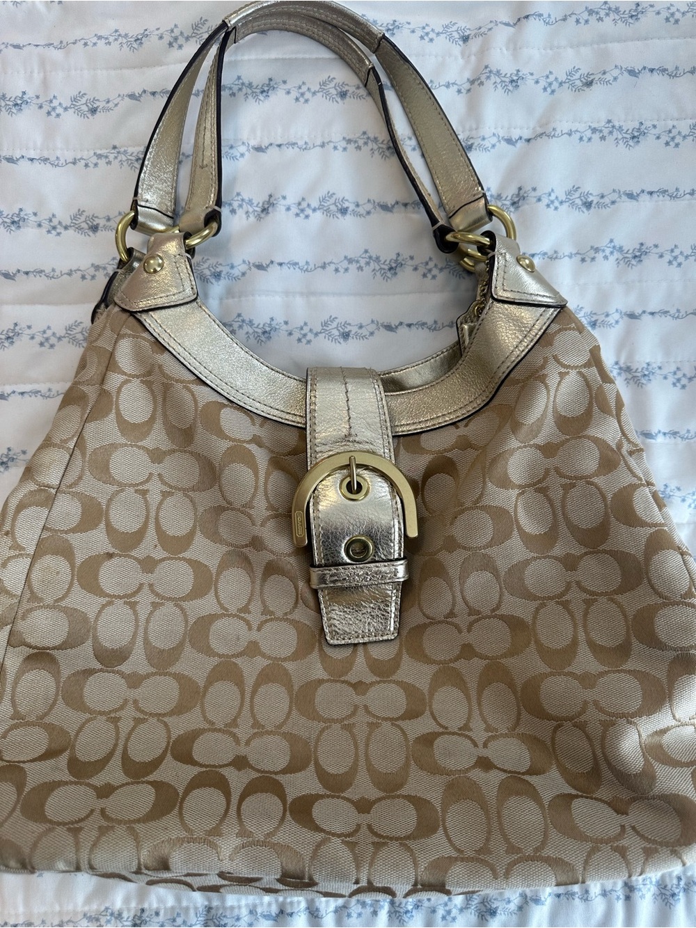 Coach Beige Signature Canvas Shoulder Bag with Metallic Trim